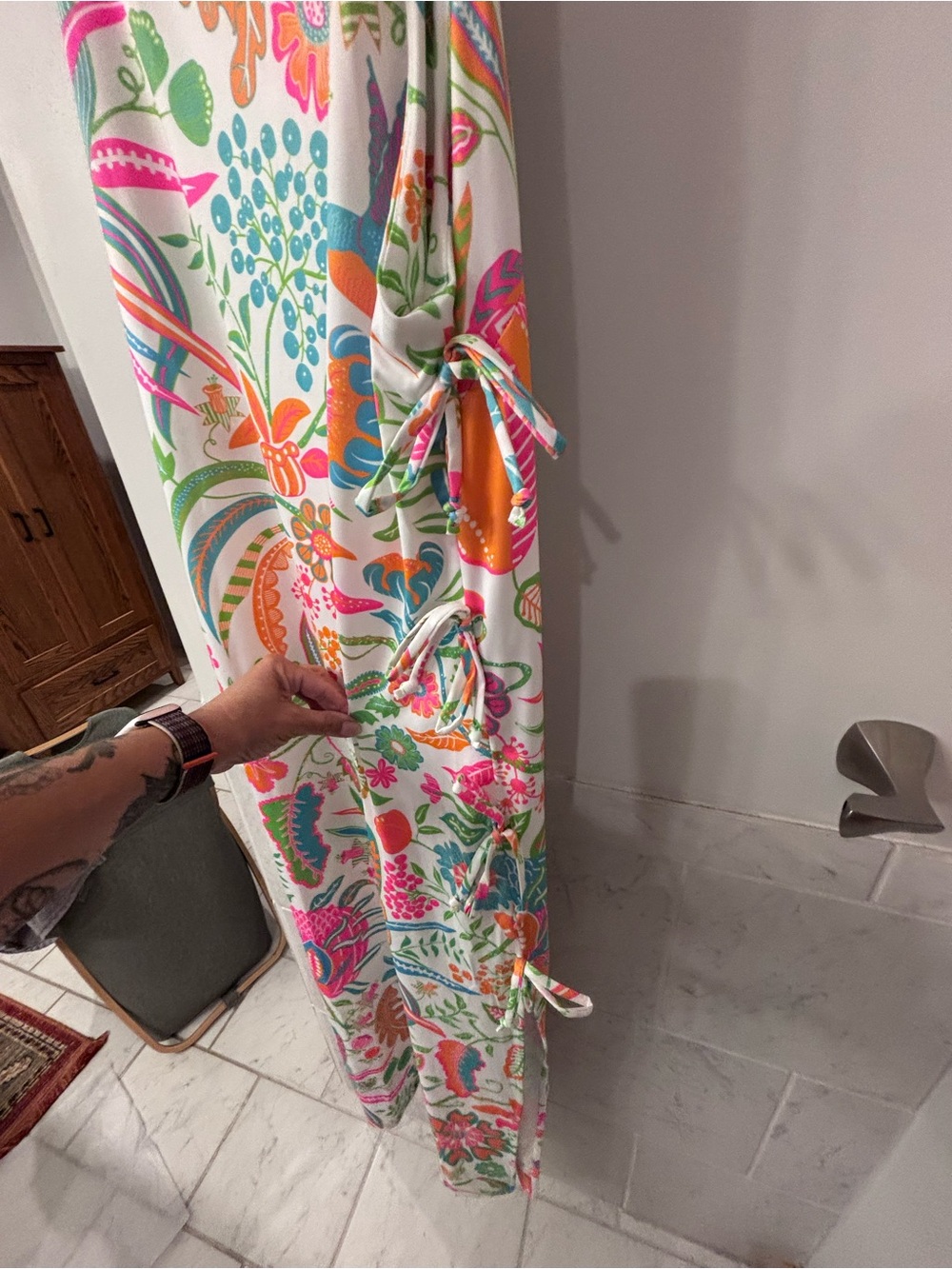 Gretchen Scott Designs Floral Tie-Side Maxi Dress in White, Pink, Green - Picture 6 of 7